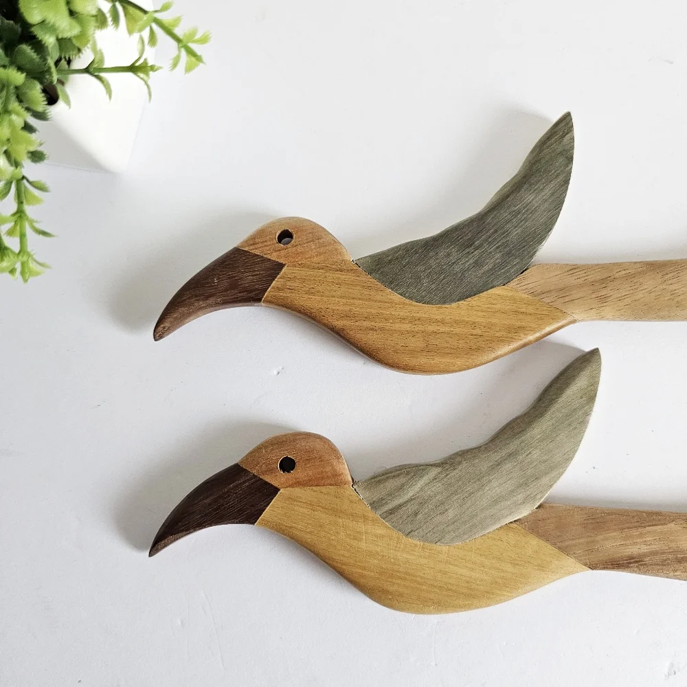 Handcarved Tribal Wooden Bird-Shaped Fork Spoon Rustic Serving Servers